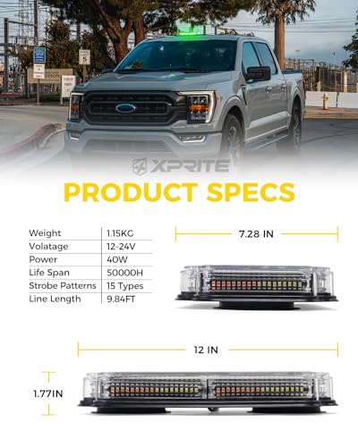 Xprite 108 LED Roof Top Strobe Light, US Flag Pattern Mail Postal Car Light Bar, Emergency Safety Warning LED Mini Strobe Lightbar w/Magnetic for Patrol Vehicles Law Enforcement Trucks Plows, Green - color: Green