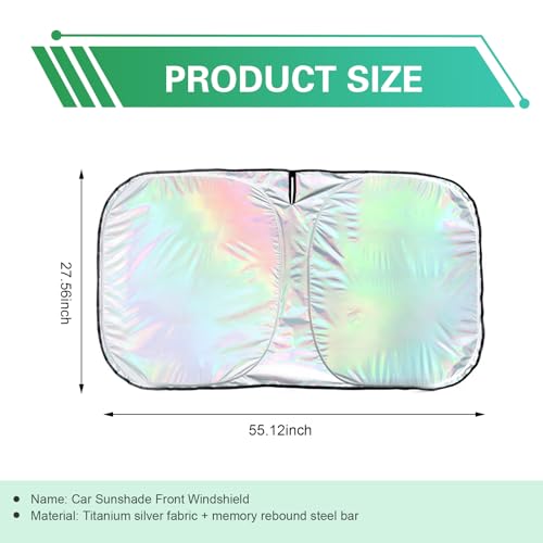 Car Windshield Sun Shade, Iridescent Sun Shade Blocks UV Rays & Heat, Foldable Sunshade with Metal Frame for Automotive Interior Protection, Universal for Most Cars (55.1" × 27.5")