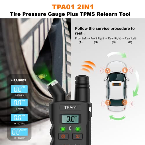 VXDAS TPA01 TPMS Relearn Tool for GM, 150PSI Digital Tire Pressure Gauge, 2 in 1 Tire Pressure Monitoring Sensor Activation Tool for Buick/Chevy/Cadillac/Opel Series Vehicles, 2 Mins Quick Reset