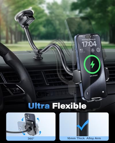 1Zero Solid Car Truck Phone Mount Wireless Charger Holder with 14-Inch Gooseneck Long Arm for iPhone 15 Pro Max Plus 14 13 12 11 XS X Samsung S24 Ultra S23 S22 S22 S21 S20 Pixel 9 Pro XL 8 7 6 5 4 - color: Upgraded Wireless Charger Holder