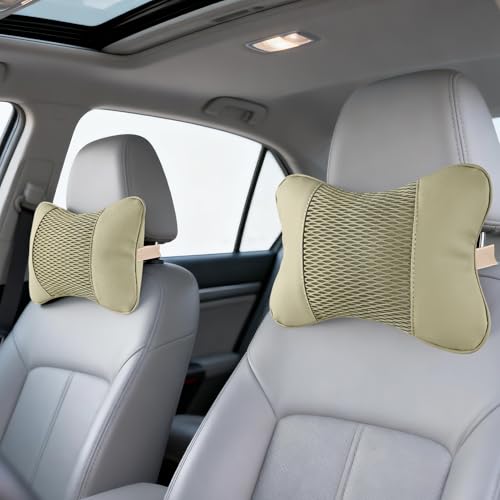 2 Pack Car Neck Pillow Soft Breathable Mesh Headrest Pillows for Driving Support, Universal Fit for Most Car Seats Decor Accessories（Off White）