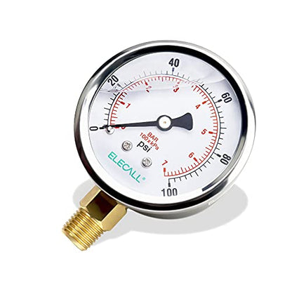2-1/2” Glycerin Filled Pressure Gauge, 0-100Psi, 1/4”NPT Lower Mount, Stainless Steel Case, Brass Internals, Water Pressure Gauge - size: 0-100 Psi