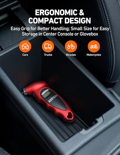 AstroAI Digital Tire Pressure Gauge 0-150PSI Calibrated to ANSI B40.7 +/-1PSI, Accurate in 0.1 Increments, Tire Repair Tools 4 Pressure Measurements for Car Truck with Backlight LCD, Red - color: Red