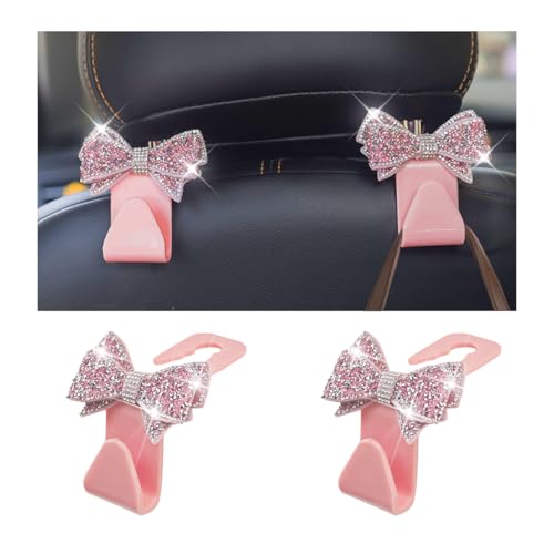 Zpana Bling Car Headreat Hook, 2PCS Crystal Rhinestone Cute Bow Vehicle Seat Back Hanger Storage for Purses Bags Grocery, Diamond Auto Rear Seat Organizer, Universal for SUV Truck Sedan (Pink) - style: Pink/2PCS