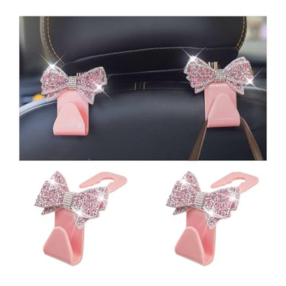 Zpana Bling Car Headreat Hook, 2PCS Crystal Rhinestone Cute Bow Vehicle Seat Back Hanger Storage for Purses Bags Grocery, Diamond Auto Rear Seat Organizer, Universal for SUV Truck Sedan (Pink) - style: Pink/2PCS