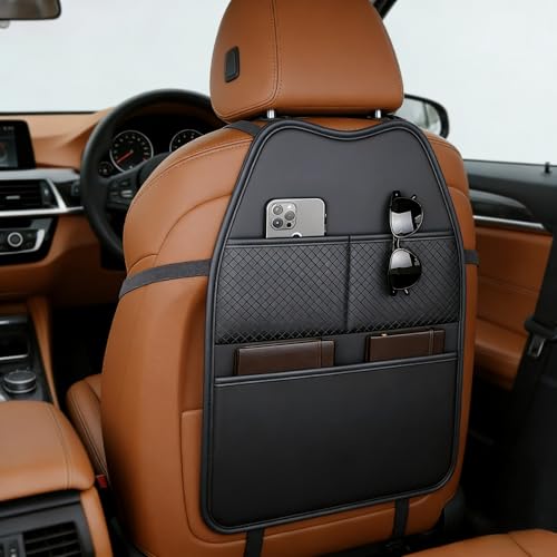2 Pack Seat Back Protector - Leather Kick Mat with Storage Pockets, Front & Back Seat Cover for Kids -Large Capacity Car Seat Organizers and Storage for Child, Splashproof & Easy Clean