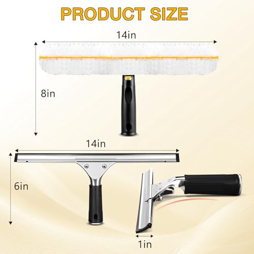 Window Cleaning Squeegee Kit- 14" Squeegee & Microfiber Rotatable Window Scrubber,All-Purpose Tile Shower Walls Window Glass Car Windshield Mirrors,Reusable Microfiber Sleeve