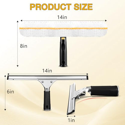Window Cleaning Squeegee Kit- 14" Squeegee & Microfiber Rotatable Window Scrubber,All-Purpose Tile Shower Walls Window Glass Car Windshield Mirrors,Reusable Microfiber Sleeve