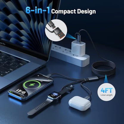 60W Fast Charging Cable for Apple Watch Charger, 6-in-1 Portable Multi Charging Cable for Apple Watch Series 1–11/SE/Ultra (Black, 120) - color: Black