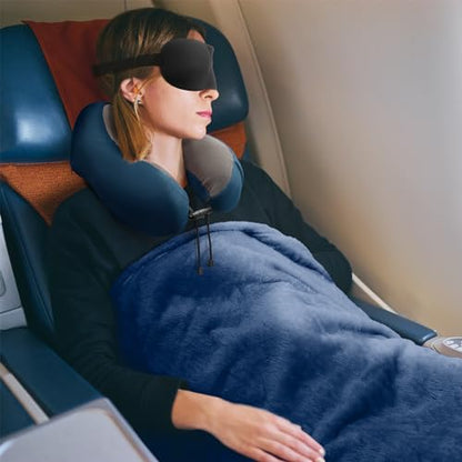 urnexttour Travel Pillow and Blanket Set Neck Pillows Travel Essentials with Sleep Mask for Airplane Car Memory Foam Blue - color: A-blue