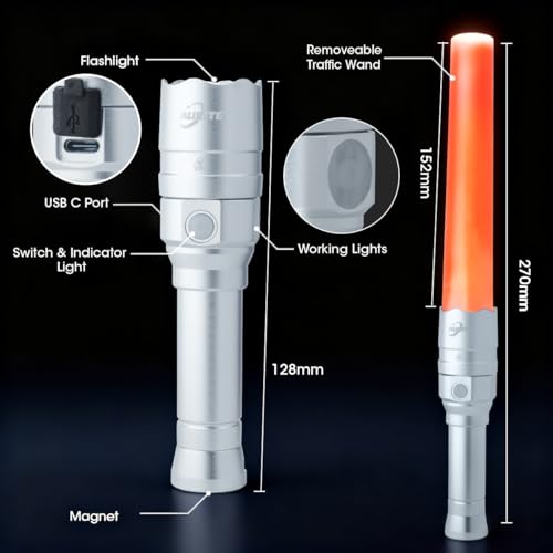 Small Safety Wand Flashlight for Traffic,Car,Emergency, USB C Rechargeable Torch with Working | Red Lights - color: Silver