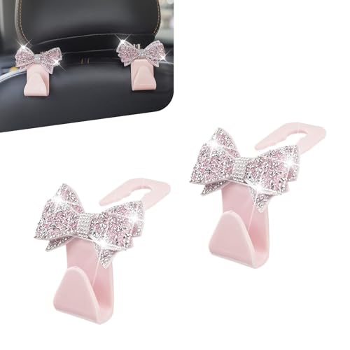 2 PCS Bling Car Seat Headrest Hooks, Crystal Rhinestone Bow Vehicle Hooks for Purses and Bags, Automotive Purse Hook Hanger, Universal Diamond Car Rear Seat Organizer (Pink) - color: Pink