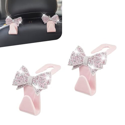 2 PCS Bling Car Seat Headrest Hooks, Crystal Rhinestone Bow Vehicle Hooks for Purses and Bags, Automotive Purse Hook Hanger, Universal Diamond Car Rear Seat Organizer (Pink) - color: Pink