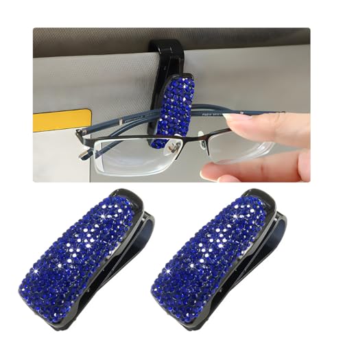 Wevdn 2 PCS Car Sun Visor Glasses Holder, Fashion Bling Car Eyeglasses Sunglasses Hanger for Women Girls, Glasses Holder Clip Hanger Mount with Ticket Card Clip, Car Accessories (Dark Blue) - color: Dark Blue