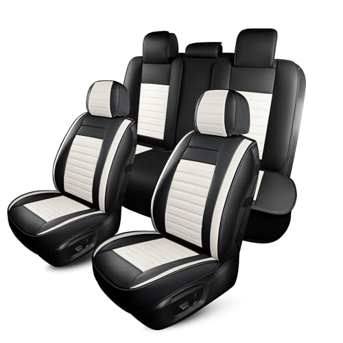HChengkikz Car Seat Covers Full Set, Breathable Nappa Leather Seat Covers, Horizontal Stripes Automotive Seat Covers, Universal Seat Cushions for Sedan SUV Truck (5 PCS Full Set, Black + Cream) - color: Style2 Black+Cream, size: Full Seat