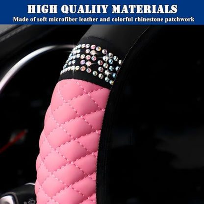 Soft Leather Car Steering Wheel Cover, Universal 15 Inch Colorful Rhinestones Anti-Slip Elastic Steering Wheel Covers for Most Cars, Sparkly Crystal Diamond for Women Girls (Pink) - color: Pink