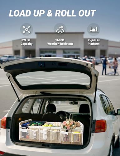 Heavy Duty Trunk Organizer with Lid for Car SUV-1680D Water-Resistant &3.5mm PP Skeleton,Collapsible Storage Box with No Sliding Metal Hooks,Fits Tesla,Truck,Sedan(XL, Cream) - color: Cream Beige