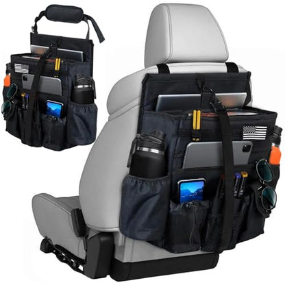 Front & Seat back organizer with dedicated tablet and 15.6 IN laptop storage stabilizers external stabilizing side straps soft adjustable shoulder straps hardened buckle (Black) - color: Black