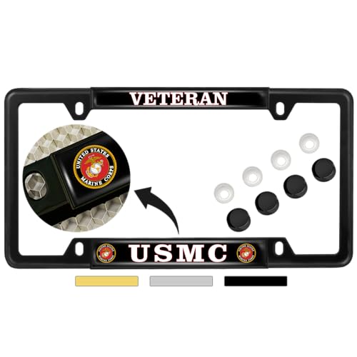 [Officially Licensed US Marine Corps Product] - USMC Veteran - Domed Custom-Made Personalized Narrow (Thin) Top 4 Hole Metal Car License Plate Frame with Free caps - Black Frame (Qty: 1) - color: Black - Style 1