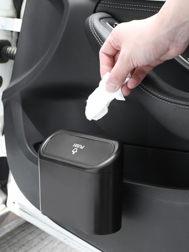 Narrow Car Trash Can, Mini Waterproof Auto Trash Bin with Lid, Hanging Hook for Car Door, Seat, or Console, Small Garbage Can for Vehicle Organization, Black