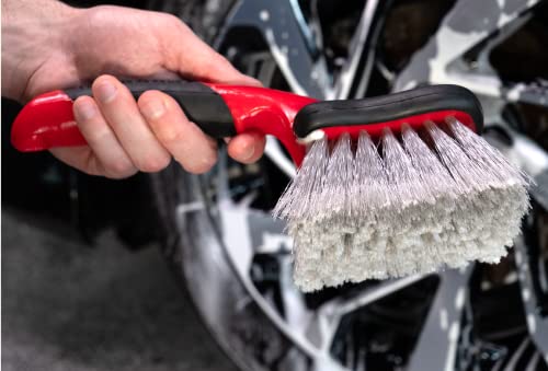 Mothers Car Wash Brush, Wheel and Fender Brush, Short Handle Tire Cleaner for Car Detailing, 10 Inch, Red/Black - size: Standard