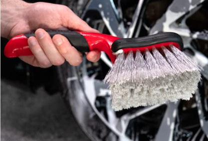Mothers Car Wash Brush, Wheel and Fender Brush, Short Handle Tire Cleaner for Car Detailing, 10 Inch, Red/Black - size: Standard