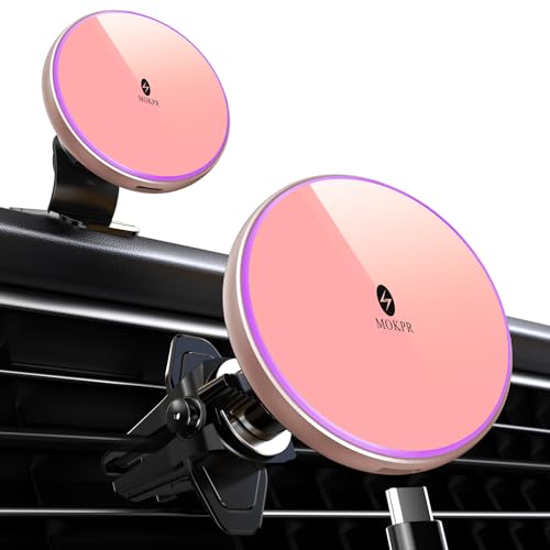 MOKPR for Magnetic Car Mount Charger-15W Wireless Car Charger-Magnetic Car Phone Holder for Dash Air Vent-LED RGB HandsFree Car Mount Fast Car Charger for iPhone 16 15/14/13/12 Pink - color: Pink