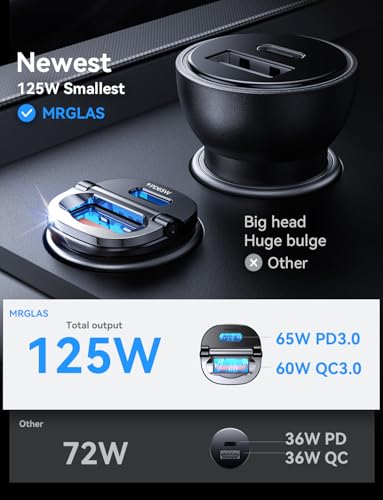 MRGLAS 125W Fast iPhone 17/16 Car Charger, USB C Car Charger with Type C Cable, PD65W & QC65W, Flush Fit, All Metal, Cigarette Lighter USB Adapter for iPhone 17 16 Samsung S26 S25 Ultra Pixel 10