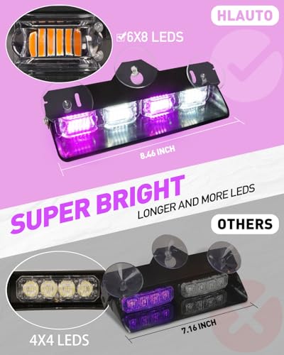 HLauto 2002L Emergency Dash Strobe Lights: Purple White Safety Lights, Flashing Warning Hazard Windshield Visor Traffic Light Bars for Trucks, Construction Vehicles (2x8.5 inch, 48LED) - color: Purple/White