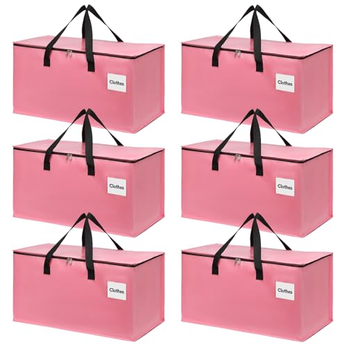 6 Pack Extra Large Heavy Duty Moving Bags with Reinforced Zipper & Wide Carrying Handles, Durable Storage Totes for Clothes Packing, College Dorm, Travel & Home Organization, Pink - color: Pink-6