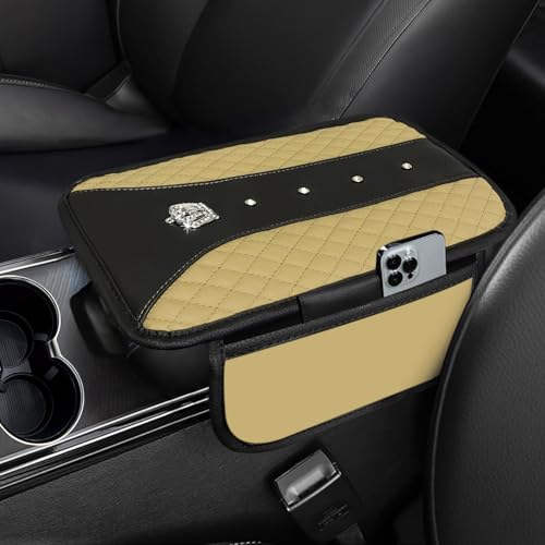 NBTEPEM Bling Crown Car Center Console Armrest Cover, Leather Middle Console Cover Cushion with 2 Storage Bags, Car Armrest Storage Box Interior Accessories for Most Vehicles(Beige) - color: Beige