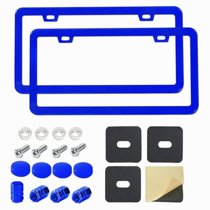 Blue License Plate Frame, Premium Matte Aluminum Alloy Holder with 2 Holes, 2 Pack Waterproof Rust-Proof Universal Car Frame, Including Screws, Caps and Rattle Proof Pads - color: Blue