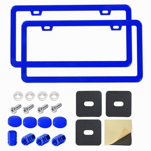 Blue License Plate Frame, Premium Matte Aluminum Alloy Holder with 2 Holes, 2 Pack Waterproof Rust-Proof Universal Car Frame, Including Screws, Caps and Rattle Proof Pads - color: Blue