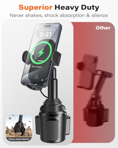 APPS2Car 15W Qi Wireless Car Charger Solid Cup Holder Mount, Adjustable Long Arm & 360° Rotation, Fits 3"–4" Round Cup Holders, Works with Cases ≤ 4 mm (No Metal Attachments) - color: Upgraded Wireless Charger