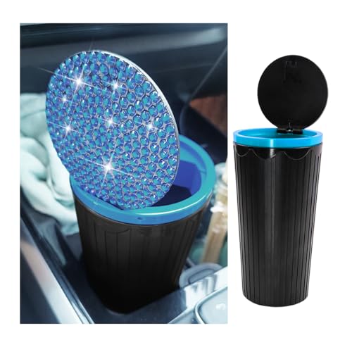 Bling Car Trash Can with Lid, Crystal Rhinestones Portable Mini Vehicle Cup Holder Garbage Bin for Woman Girl, Automotive Interior Dustbin Accessories, Universal for SUV Sedan Truck (Blue) - color: Blue
