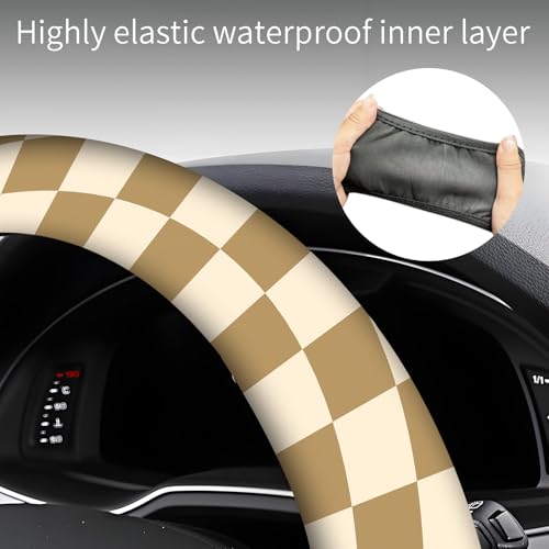 Steering Wheel Covers for Car, Truck, and SUV, Cute Non-Slip Breathable Elastic Steering Wheel, Car Accessories, Universal 15 Inch Leather Cover for Men Women Brown Checkered - color: Brown Checkered