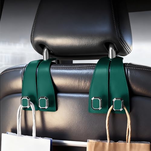 2PCS Car Headrest Hooks, Nappa Leather Metal Vehicle Double Seat Back Storage Hook for Purse Bag Coat, Multifunctional Automotive Interior Hanging Hanger, Universal Fit (Green) - color: Green