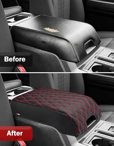 KBH Auto Center Console Armrest Cover for 2015-2020 Ford F150, 2017-2022 F250 F350 F450 F550, 2018-2024 Expedition, Bucket Seat Only, Anti-Scratch, Black-Red Stitch (Not for Other Years) - size: Bucket Seat, 15-20 F150 / 17-22 F250-F550