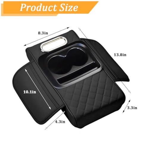 Car Center Console Armrest Box Mat, Nappa Leather Armrest Box Cover with Tissue Box, Cup Holder & Phone Holder, Middle Console Arm Rest Protection Pillow, Universal for Vehicles (Black) - color: Black