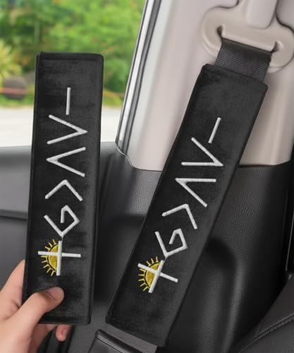 2 Pack Car Seat Belt Cover Pads with 3 PCS God is Greater Than the Highs and Lows Rearview Mirror Stickers, Christian Car Accessories Set for Women and Men - color: GAV