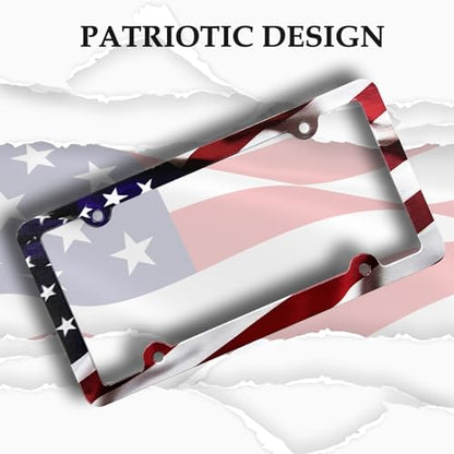 LIN KANG American Flag License Plate Frame Holder - 2 Pack Patriotic Universal Aluminum Matte Stripe US Flag Gloss Car Plate Frame Covers with 4 Holes and Screws Fasteners Caps - color: Matte American flag 4 Holes A