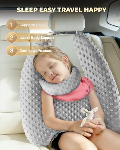 Memory Foam Kids Travel Pillow, Car Pillow for Kids, H-Shape Car Pillows for Sleeping, Removable Pillowcase, Adjustable, Velvet Dots, Grey - color: Velvet Dots Grey