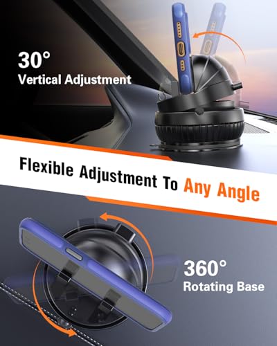 pop-tech Car Suction Dashboard Phone Holder:【360° Rotating & 30° Adjustable】 Vacuum Suction Cup Cell Phone Mount with Anti-Slip Spring Snap, Vehicle Dash Mobile Stand for iPhone Samsung, GPS Device