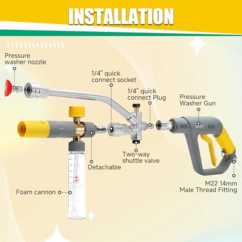 JOEJET Pressure Washer Gun with Mini Foam Cannon Dual Connector, Dual-Purpose Switch Spray Gun with 5 Power Washer Nozzle Tips, Dual Wand Foam Cannon, 1/4” Quick Connector - size: 100 ml