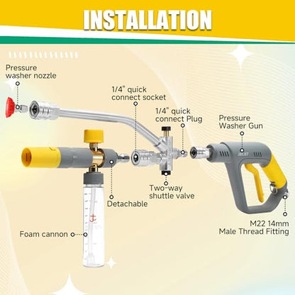 JOEJET Pressure Washer Gun with Mini Foam Cannon Dual Connector, Dual-Purpose Switch Spray Gun with 5 Power Washer Nozzle Tips, Dual Wand Foam Cannon, 1/4” Quick Connector - size: 100 ml