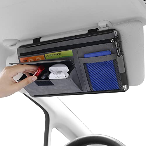 Car Sun Visor Organizer - Glasses Case, Note Holder, Suede Zipper, Card Holder - Gray - color: gray
