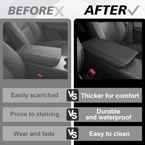 Muslogy Center Console Armrest Cover Fit for Tesla Model Y Juniper 2026+ / Model 3 Highland 2024+ Accessories, Comfort Armrest Pad Console Lid Cushion Vegan Leather Snap-On Black (Hard Cover) - size: 25+ |Juniper| Snap-On Black, Hard Cover