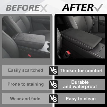 Muslogy Center Console Armrest Cover Fit for Tesla Model Y Juniper 2026+ / Model 3 Highland 2024+ Accessories, Comfort Armrest Pad Console Lid Cushion Vegan Leather Snap-On Black (Hard Cover) - size: 25+ |Juniper| Snap-On Black, Hard Cover