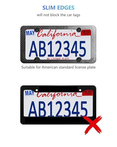 Carbon Fiber License Plate Frames- Black Plastic Car Tag Holder, 2 Pack 4 Hole Slim Edge Front Rear Bracket with Screw Caps and Car Door Handle Stickers - style: Black-Slim Frame