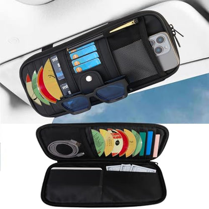 Car Visor Organizer CD Holder, Faux Leather Multi-Pocket Organizer Storage for Car/SUV/Truck with 13 CD Storage Sleeves, Sunglass Clip, Card Holder, CD Case Holder, Visor Accessories - style: Regular model-Black